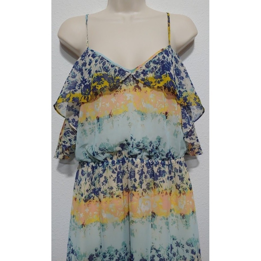 Bebe Floral Print Maxi Dress L Ruffle Tiered Spaghetti Strap V Neck Yellow Blue - Picture 6 of 13